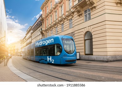 A Hydrogen Fuel Cell Tram On A City Street