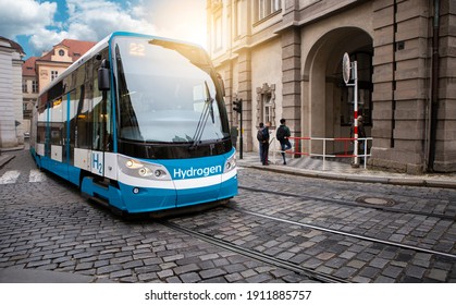 A Hydrogen Fuel Cell Tram On A City Street