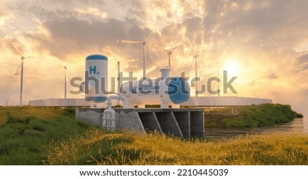 Hydrogen Gas tank renewable energy production - hydrogen gas pipeline for clean electricity solar and windturbine facility 