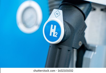 Hydrogen Logo On Gas Stations Fuel Dispenser. H2 Combustion Engine For Emission Free Ecofriendly Transport.