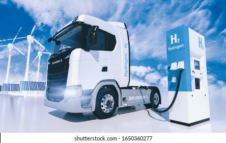 Hydrogen Logo On Gas Stations Fuel Dispenser. H2 Combustion Truck Engine For Emission Free Ecofriendly Transport. 