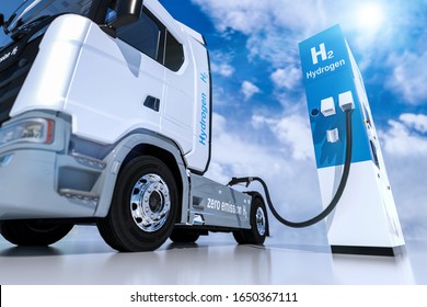 Wasserstofflogo auf Tankstellen Kraftstoffspender. h2 Verbrennungsmotor für emissionsfreien, umweltfreundlichen Verkehr.