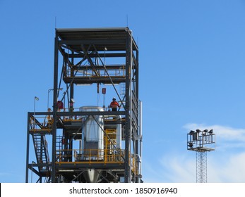 Hydrogen Pilot Plant, Loy Yang, Victoria Australia 10 November 2020.  Workman In Tower Preparing Equipment For Hydrogen Production