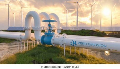 A hydrogen pipeline with wind turbines and solar panel power plants in the background. transformation of the energy sector towards to ecology zero emission concept image - Shutterstock ID 2210445065