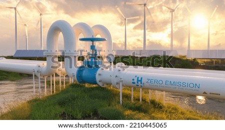 A hydrogen pipeline with wind turbines and solar panel power plants in the background. transformation of the energy sector towards to ecology zero emission concept image