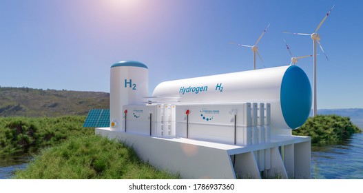 Hydrogen renewable energy production - hydrogen gas for clean electricity solar and windturbine facility. 3d rendering.