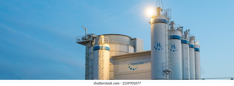 Hydrogen renewable energy production - hydrogen gas for clean electricity solar and windturbine facility.  - Shutterstock ID 2159701077