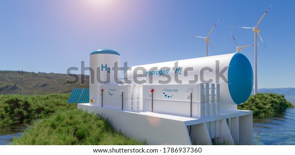 Hydrogen
renewable energy production - hydrogen gas for clean electricity
solar and windturbine facility. 3d
rendering.