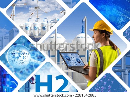 Hydrogen technologies. Woman engineer with laptop. Girl technologist of hydrogen enterprise. H2 technology. Hydrogen gas production. Innovative electrification technology. Woman technologist