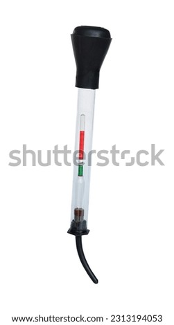 Hydrometer battery measuring density of car battery electrolyte shot on white.