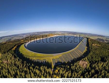 Hydropower as renewable energy, aerial view of the upper reservoir of the Markersbach pumped storage power plant, Saxony, Germany