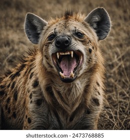 Hyenas are highly intelligent, carnivorous mammals known for their distinctive laughter-like vocalizations and powerful jaws. They have a robust build, with sloping backs and strong forequarters. Hyen
