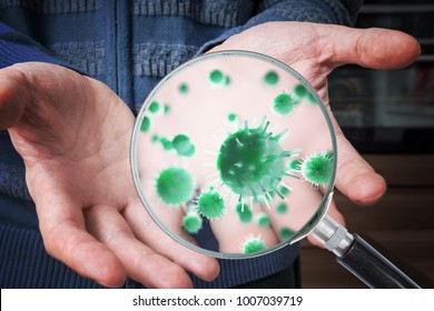 Hygiene Concept. Man Is Showing Dirty Hands With Many Viruses And Germs.