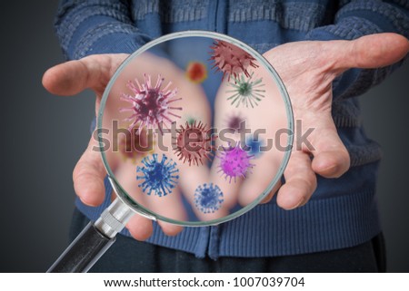 Hygiene concept. Man is showing dirty hands with many viruses and germs.