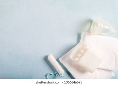 Hygiene Items For Womens Critical Days, Such As Pad, Menstrual Cup, Tampon. Top View, Flat Lay, Concept Of Womens Health Issues