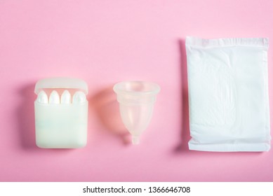 Hygiene Items For Womens Critical Days, Such As Pad, Menstrual Cup, Tampons. Top View, Flat Lay, Concept Of Womens Health Issues