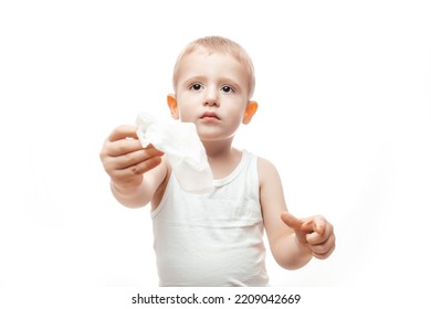 Hygiene, Wiping The Baby Skin Body And Face With Wet Wipes Carefully On White Background. Concept Cleaning Wipe, Pure, Clean.