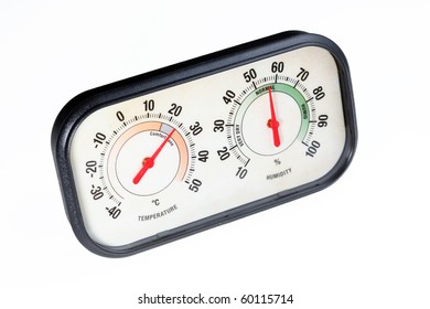 Hygrometer On White Background. Measuring Temperature And Relative Humidity.