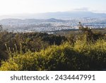 Hymettus mountain landscape, hiking in Athens, Hymettos mountain range panoramic beautiful view, Attica, Greece, in a summer sunny day, with Kaisariani aesthetic forest