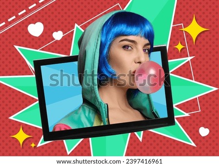 Hype, creative artwork. Woman in colorful wig blowing bubblegum and sticking out of monitor on bright comic background