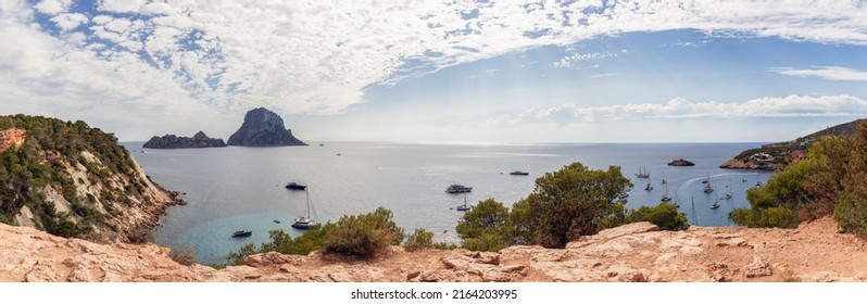 Hyper panoramic view of bay Cola d'Hort and two small rocky islands Es Vedra and Es Vedranell. Ibiza, Balearic Islands, Spain