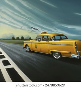 Hyper realism 1950's yellow cab with driver two passengers going fast towards airport just outside a small town 