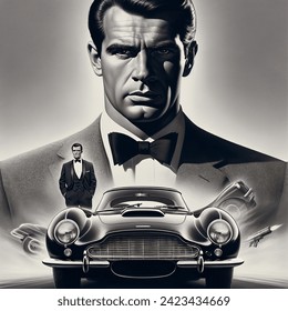 hyper realistic photo realistic james bond style movie poster with a large handsome male action figure and fast car at the bottom.