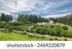 Hyperlapse captures the top view of Mirror Pond and garden in Catherine Park, alongside Upper Bathhouse pavilion timelapse. Explore Tsarskoye Selo Pushkin