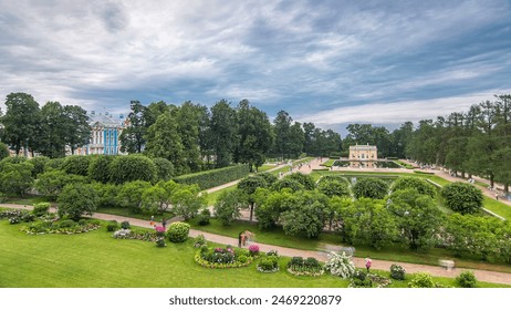 Hyperlapse captures the top view of Mirror Pond and garden in Catherine Park, alongside Upper Bathhouse pavilion timelapse. Explore Tsarskoye Selo Pushkin's beauty in Saint Petersburg, Russia
