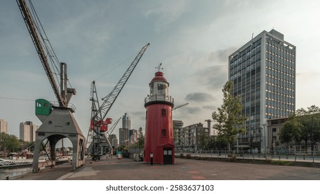 Hyperlapse of The Low Light of Hook of Holland in Rotterdam, Netherlands. Maritime Museum Harbor features historic vessels, cranes and an old lighthouse with skyscrapers in the background timelapse