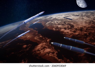 Hypersonic missiles or rockets over the apocalyptic Earth. Blue Moon in the sky. Elements of this image furnished by NASA