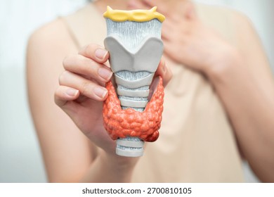 Hyperthyroidism, Overactive Thyroid, Thyroid Lymphoma, Asian woman with thyroid gland human anatomy model.