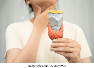 Hyperthyroidism, Overactive Thyroid, Thyroid Lymphoma, Asian woman with thyroid gland human anatomy model.