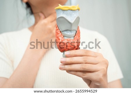 Hyperthyroidism, Overactive Thyroid, Thyroid Lymphoma, Asian woman with thyroid gland human anatomy model.