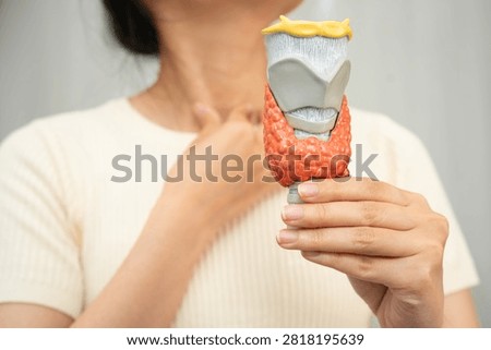 Hyperthyroidism, Overactive Thyroid, Thyroid Lymphoma, Asian woman with thyroid gland human anatomy model.