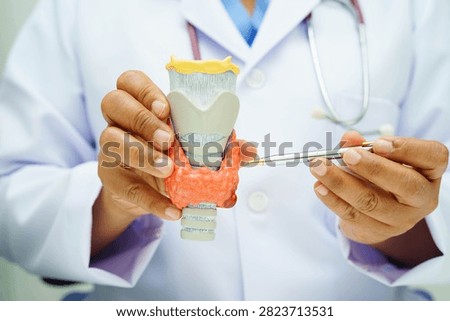Hyperthyroidism, Overactive Thyroid, Thyroid Lymphoma, Asian doctor with thyroid gland human anatomy model in hospital.