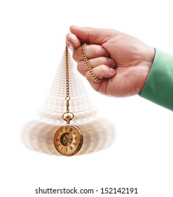 Hypnotism Concept, Gold Pocket Watch Swinging Used In Hypnosis Treatment