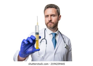 Hypodermic Syringe In Hands Of Nurse. Syringe For Medical Injection. Selective Focus Of Syringe