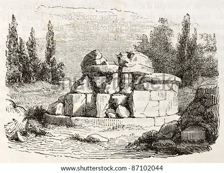 Hypogeum near Cortona old view, Italy: etrurian tomb known as Tanella di Pitagora. By unknown author, published on Magasin Pittoresque, Paris, 1843