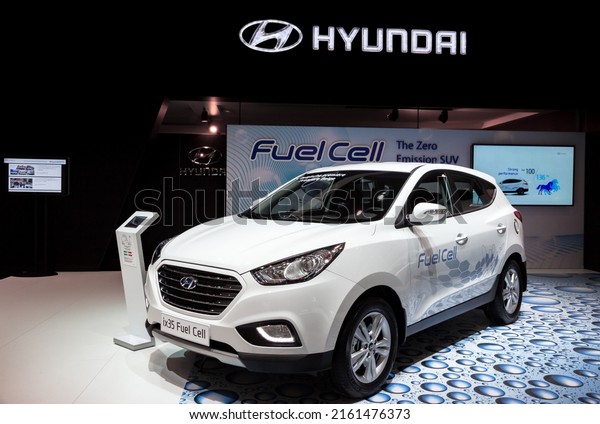 Hyundai ix35 Fuel Cell\
car presented at the Brussels Expo Autosalon motor show. Brussels -\
January 12, 2016.
