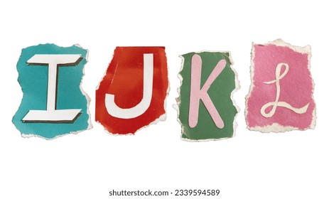 I, J, K and L alphabets on torn colorful paper . Ransom note style letters.