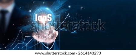 IaaS: Cloud infrastructure, virtualization, Businessman touch and analyze data strategy with graph scalability, cost-efficiency, resource management, on-demand services.
