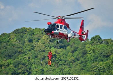 Iangkawi, Malaysia - May 2021: An Image Selective Focus Of Eurocopter AS 365 Dauphen Maritime Malaysia Rescue Training