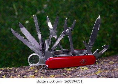 Ibach, Switzerland 02.02.2020 - opened red Swiss Army knife Victorinox