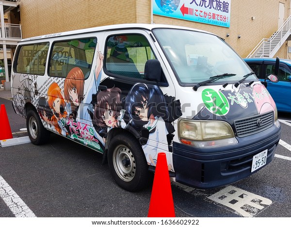 Ibaraki,\
JP - AUGUST 16, 2019: The cute female characters wrapped white van\
of Japanese famous animation \