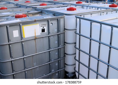 IBC Container Close-up View Of Chemical Tanks 