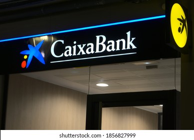 Ibi, Alicante, Spain - November 18th, 2020: Facade Of A Caixabank Bank Branch Office. Currently In A Bank Merger With Bankia Group.