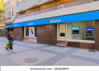 Ibi, Alicante, Spain - November 18th, 2020: Facade Of A Sabadell Bank Branch Office. Currently In A Bank Merger With BBVA Group.