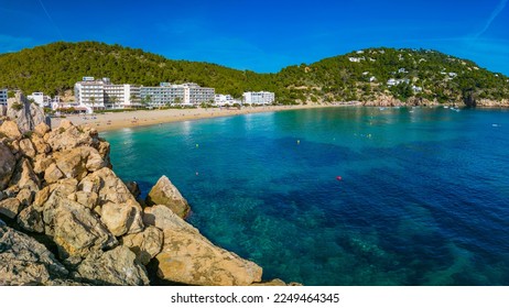 Ibiza, Balearics, Spain - Cala de San Vincente or Sant Vincent, bay with amazing beach
