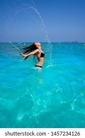 Ibiza Beach Girl Water Hair Flip In Balearic Islands